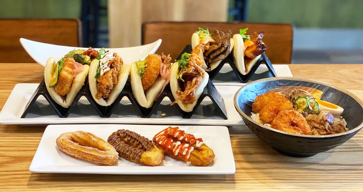 table with plates of food